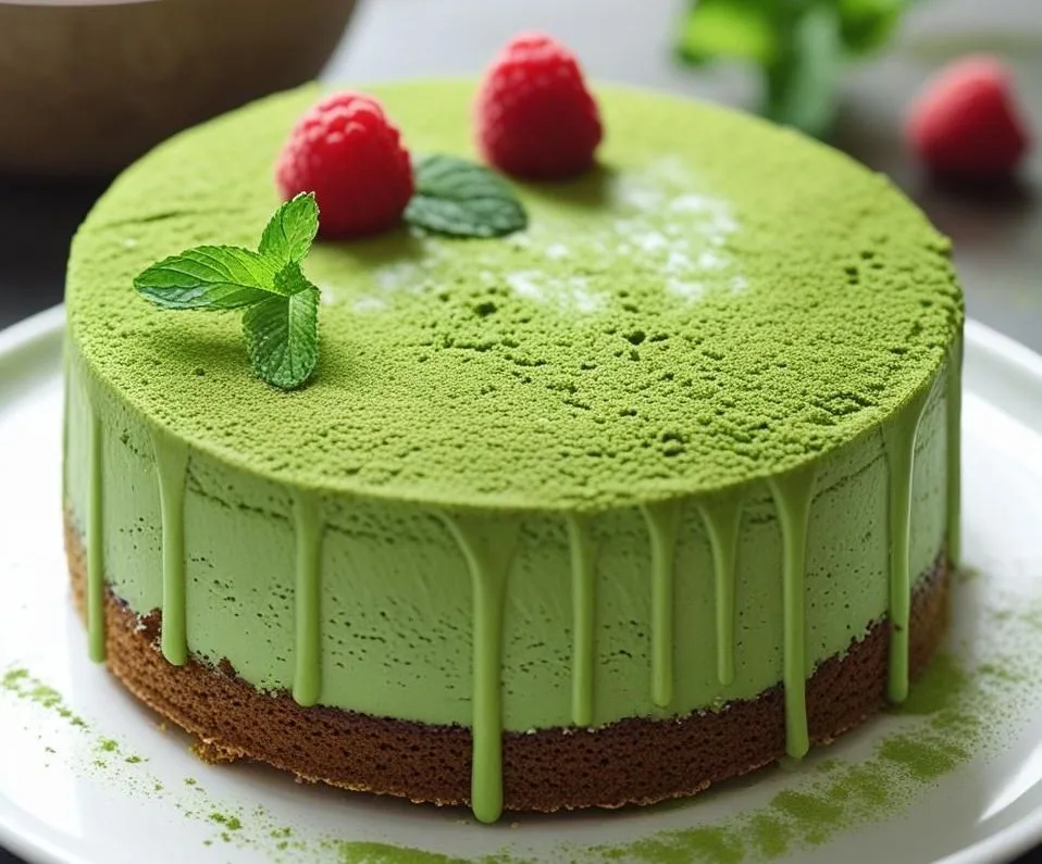 Slice of Matcha Green Tea Layer Cake with soft emerald green sponge layers and silky white buttercream dusting.