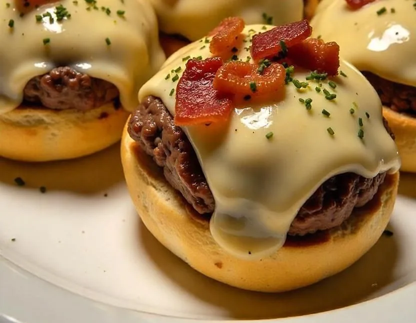 Golden-brown baked biscuit bombs stuffed with savory ground beef, melted cheddar cheese, and crispy bacon, arranged on a serving platter with a dish of dipping sauce.