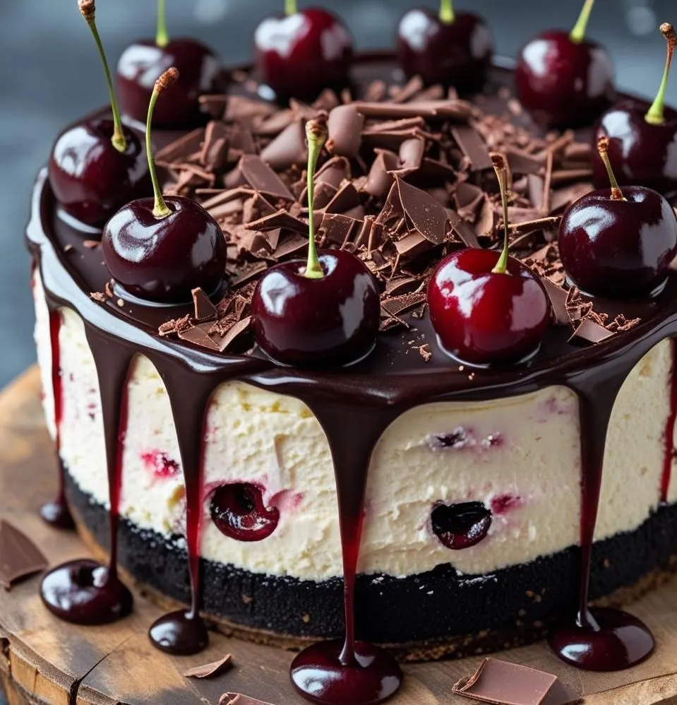 A high-angle shot of a thick slice of Black Forest Cheesecake on a black plate, featuring a chocolate cookie crust, smooth chocolate cream cheese filling, dark chocolate ganache, and bright red cherry topping with whipped cream.