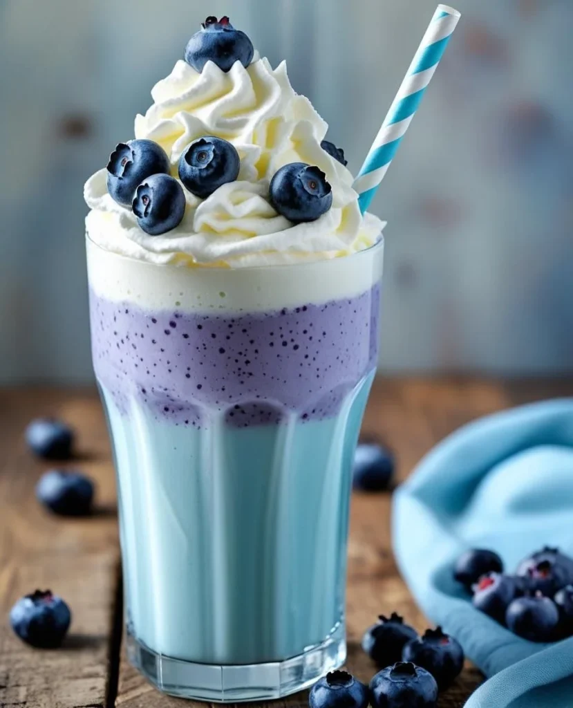 A high-angle photograph of a thick, purple Blueberry Cheesecake Milkshake in a tall diner-style glass, topped with a tall swirl of whipped cream, fresh blueberries, and crushed graham cracker crumbs on the rim.
