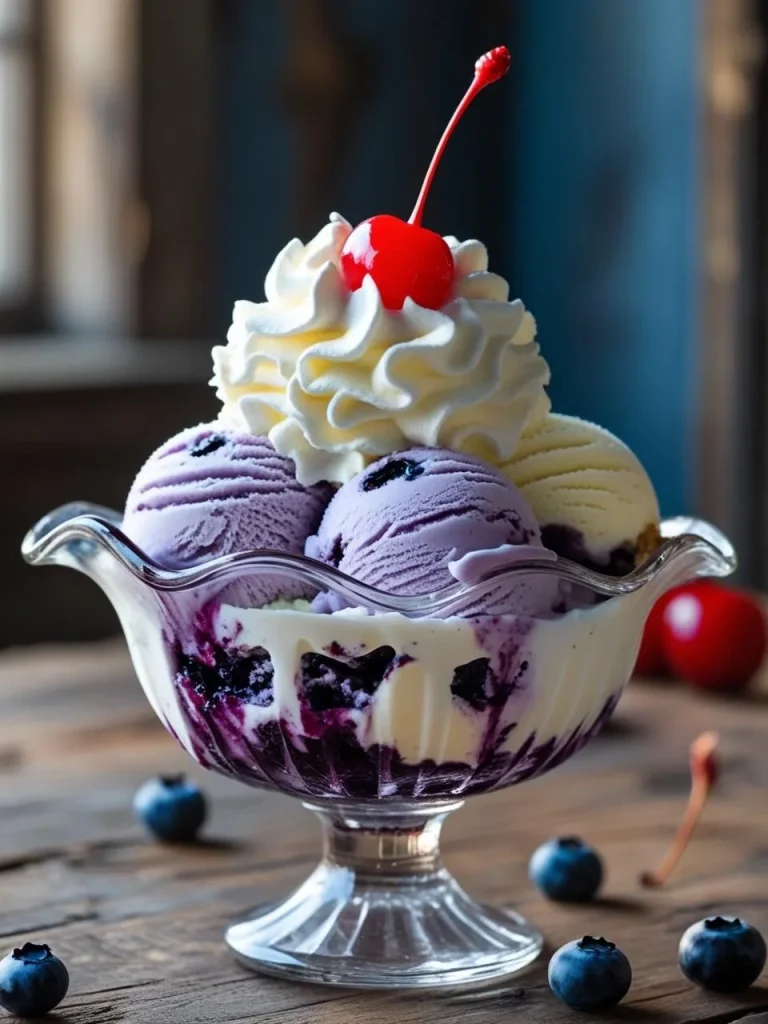 A close-up photograph of a Blueberry & Vanilla Swirl Ice Cream Sundae in a glass dish on a wooden table, featuring creamy white ice cream marbled with purple berry sauce and topped with whipped cream, whole blueberries, nuts, and a maraschino cherry.