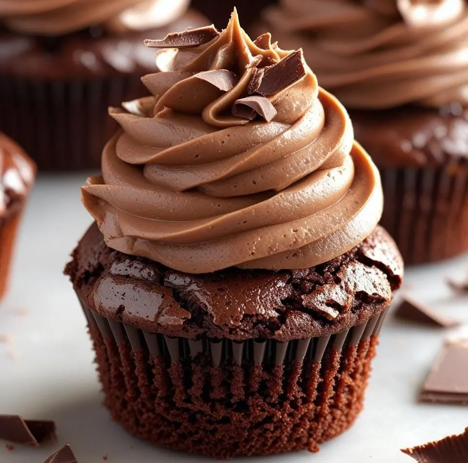 A high-angle photograph of golden-brown brownie cupcakes topped with swirls of rich chocolate frosting and sprinkles, displayed on a wire cooling rack next to a cup of milk.