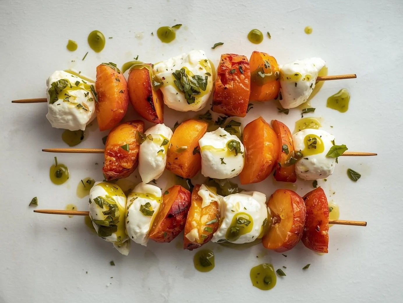 Close-up of wooden skewers loaded with caramelized peach wedges, creamy burrata cheese, and fresh basil leaves, drizzled with green basil oil and balsamic glaze on a white platter.