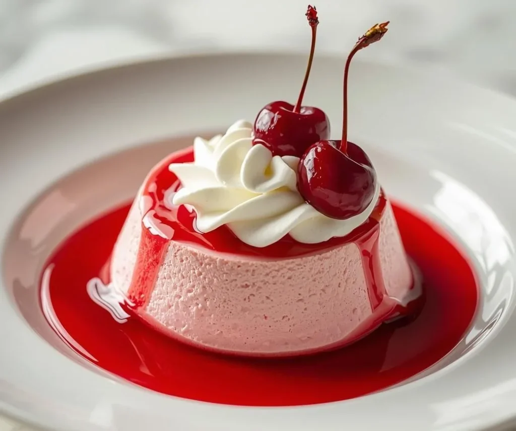 A high-angle photograph of four individual glass cups filled with layered pink Cherry Mousse Dessert, topped with a dollop of whipped cream, fresh dark cherries with stems, and delicate mint leaves.