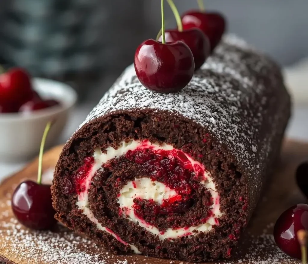 A high-angle photograph of a Chocolate Cherry Roll Cake slice dusted with powdered sugar, showcasing a clean spiral of chocolate sponge, white whipped cream, and dark cherry filling on a white dessert plate.