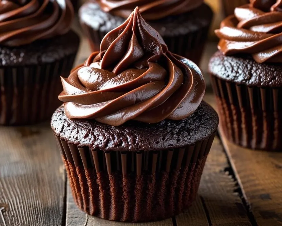 A close-up photograph of a Chocolate Cupcake topped with a high swirl of chocolate buttercream frosting and dark chocolate shavings, displayed on a wooden surface next to a glass of milk.