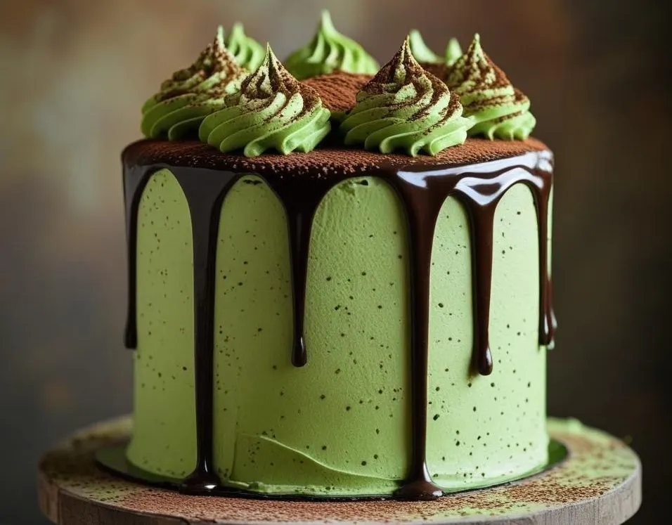 A high-angle photograph of a tall six-layer Matcha Chocolate Drip Cake on a white ceramic stand, showcasing rich chocolate frosting between green tea sponge layers and glossy dark chocolate ganache dripping artfully down the sides.