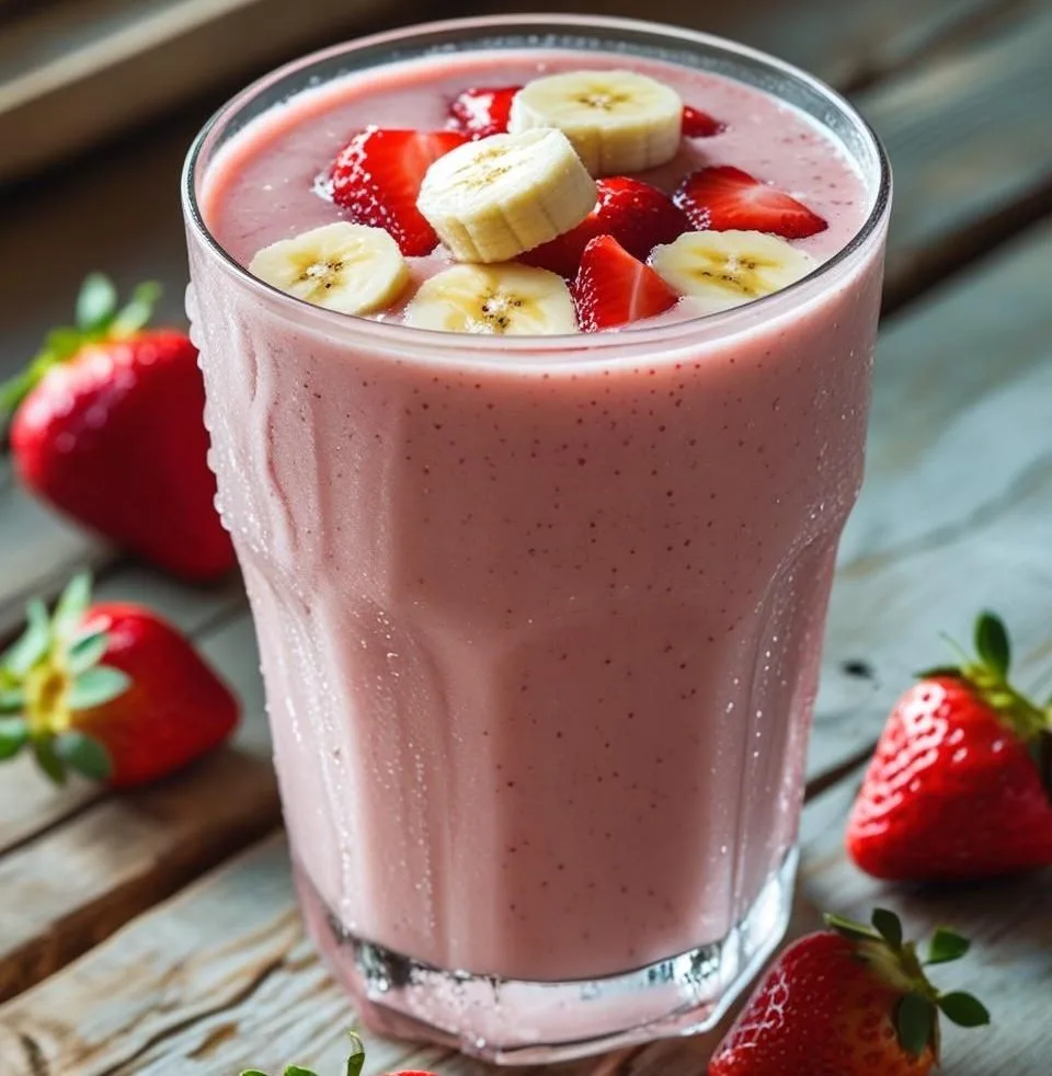 A high-angle shot of a tall glass filled with a thick, pink strawberry banana smoothie, garnished with a fresh strawberry on the rim and a colorful straw, set on a wooden table.