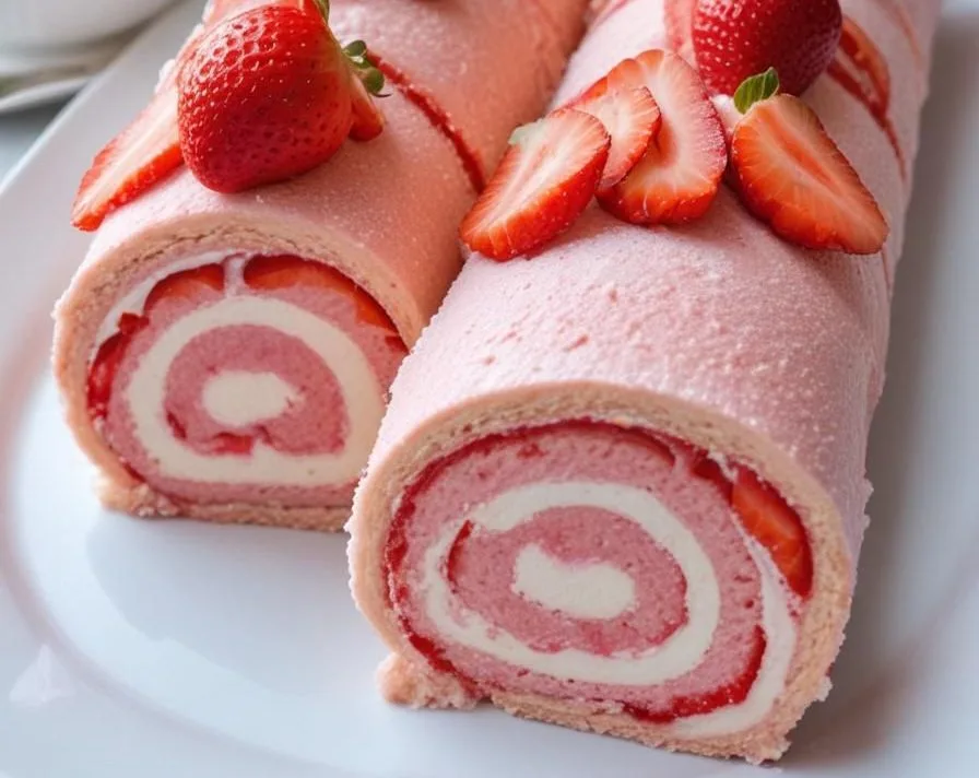 A high-angle photograph of bright red, chewy homemade strawberry roll-ups individually wrapped in parchment paper and tied with twine, placed next to fresh strawberries on a rustic wooden board.