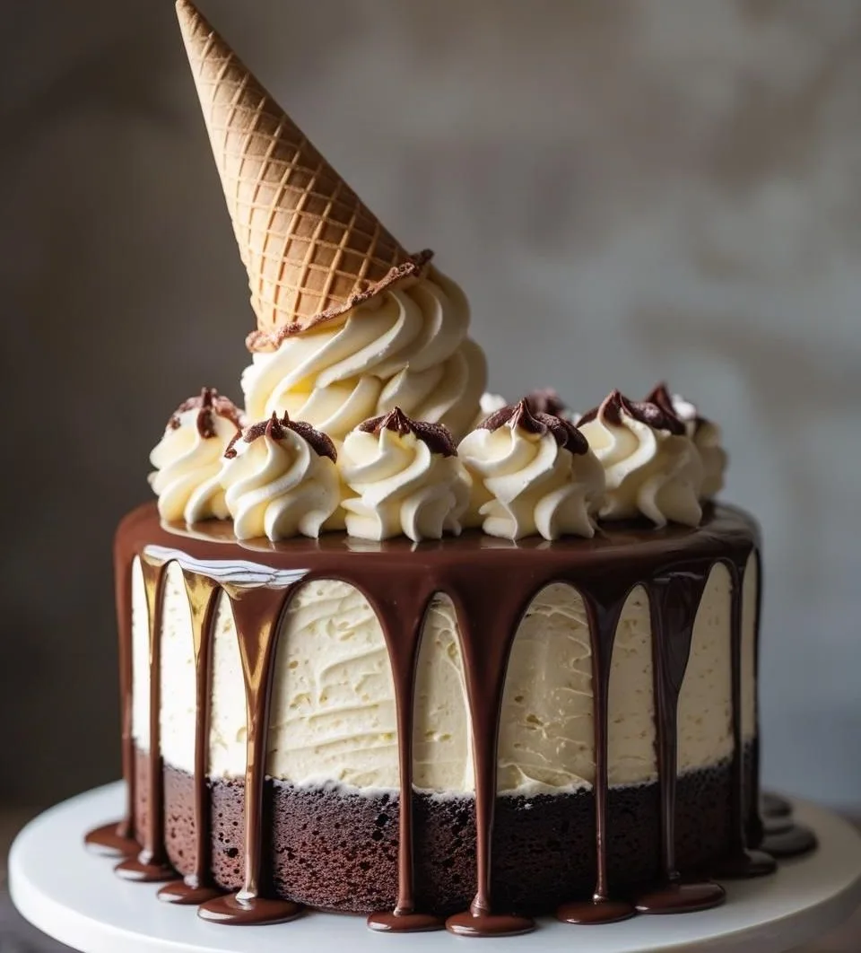 A high-angle shot of a multi-layered Vanilla Chocolate Drip Cake decorated with an inverted waffle cone on top to look like a melted ice cream scoop, with dark chocolate ganache dripping down the white buttercream sides.