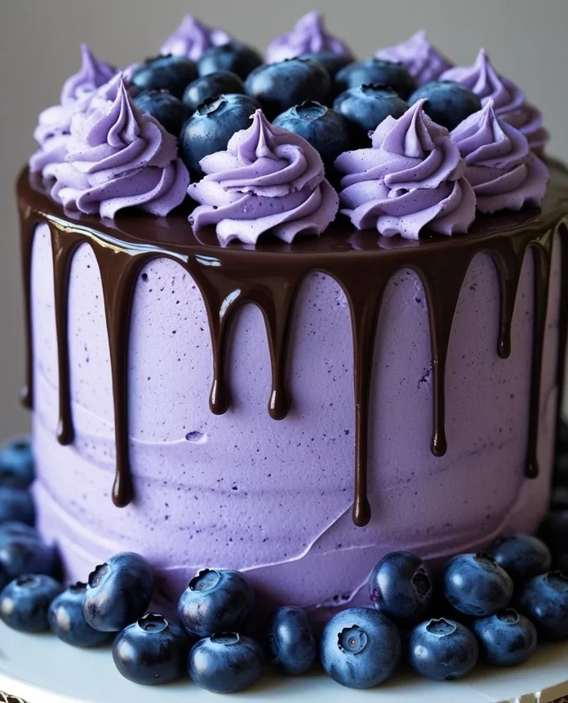 Layered Blueberry Chocolate Drip Cake slice with chocolate layers and fruit topping.