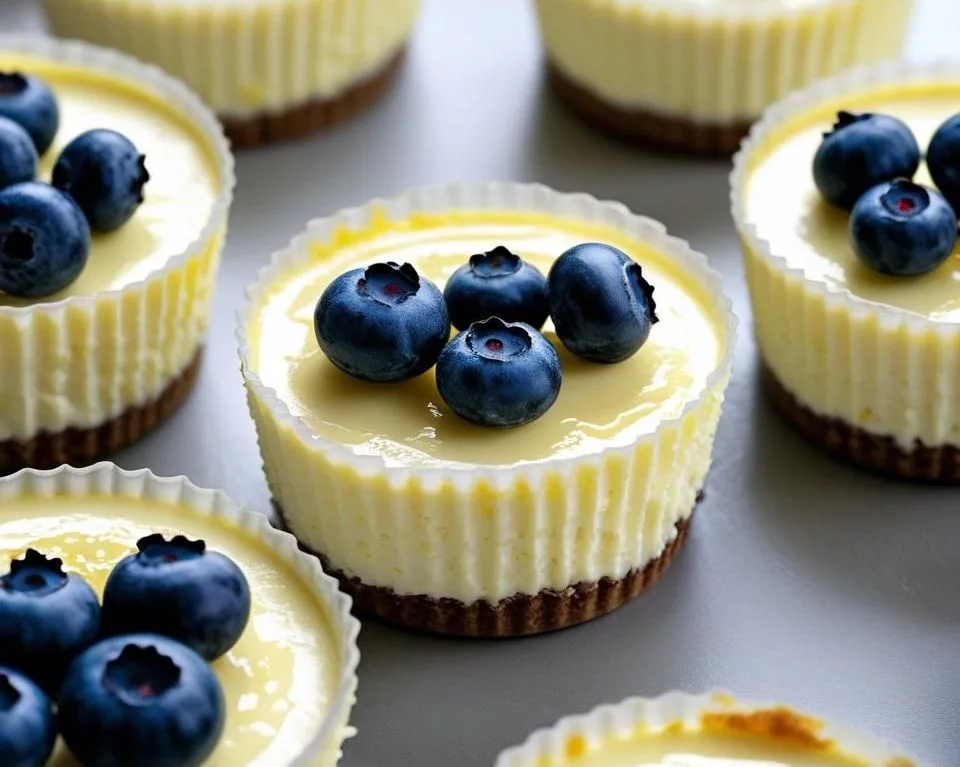 Glass jars with Blueberry Lemon Cheesecake Cups topped with fresh blueberry compote.