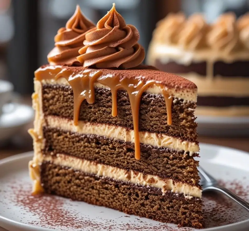 Slice of Caramel Coffee Layer Cake with espresso buttercream and caramel drip.
