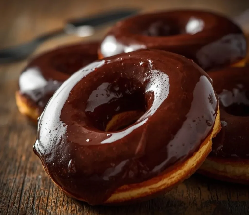 Golden fried rings made with a Chocolate Glazed Donuts Recipe.