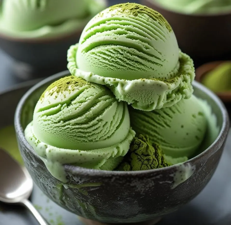 Scoop of Creamy Matcha Ice Cream in a ceramic bowl with mint.