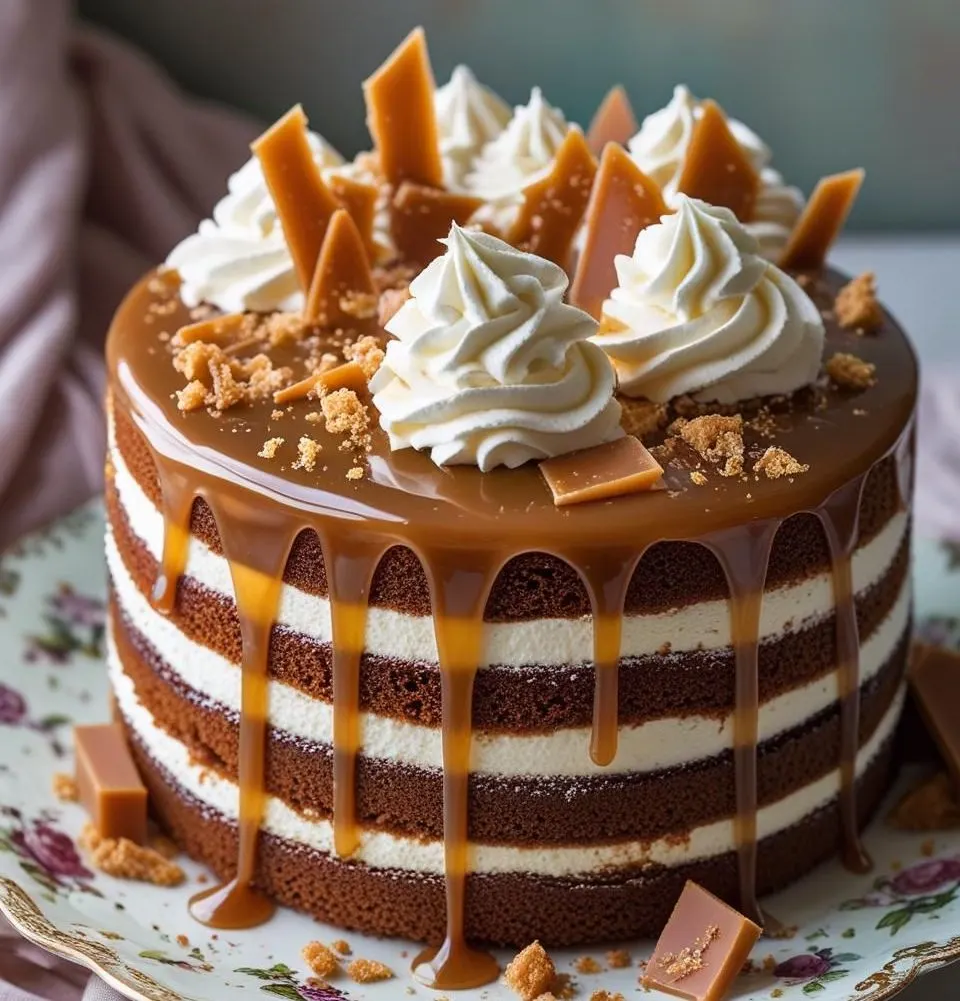 Golden layered Decadent Caramel Crunch Cake with caramel drizzle.