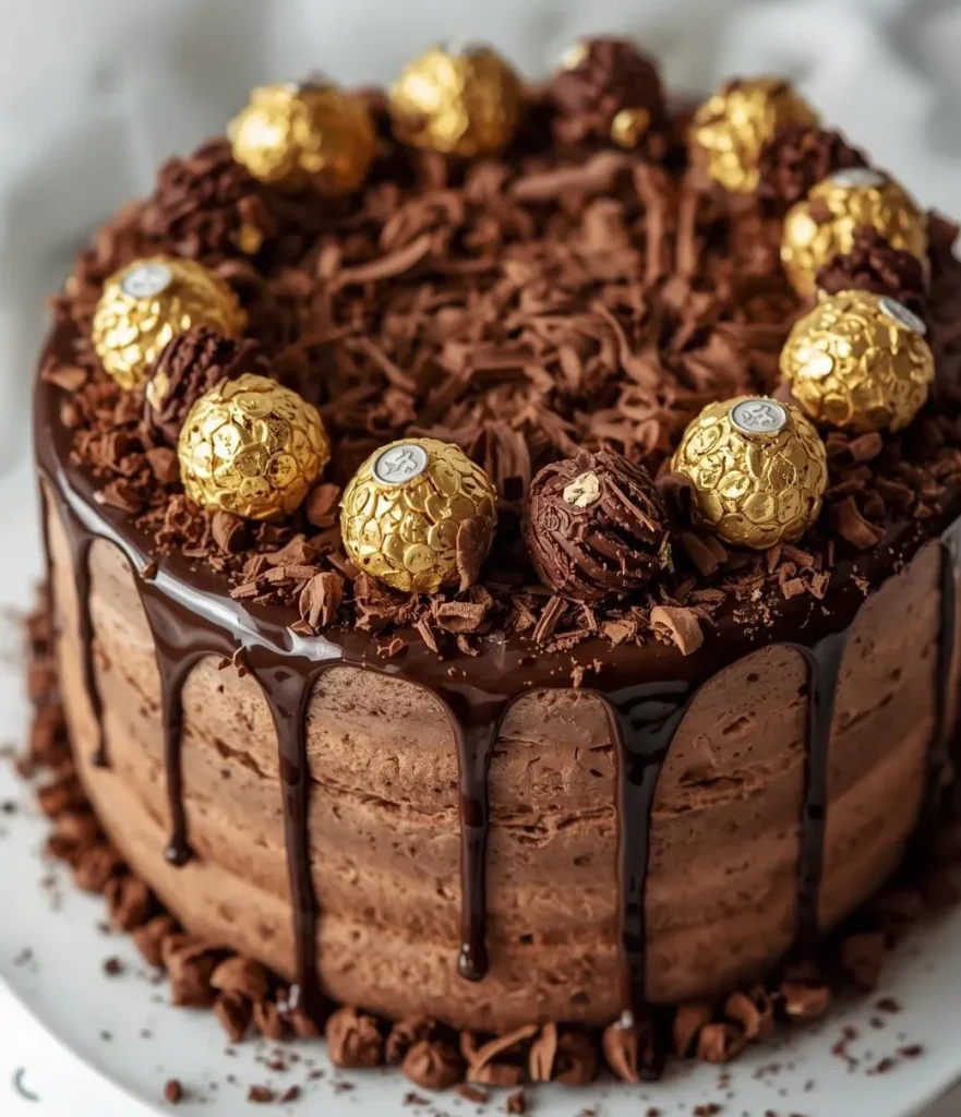 Layered Ferrero Rocher Inspired Chocolate Mousse Cake topped with hazelnut ganache and golden chocolates.