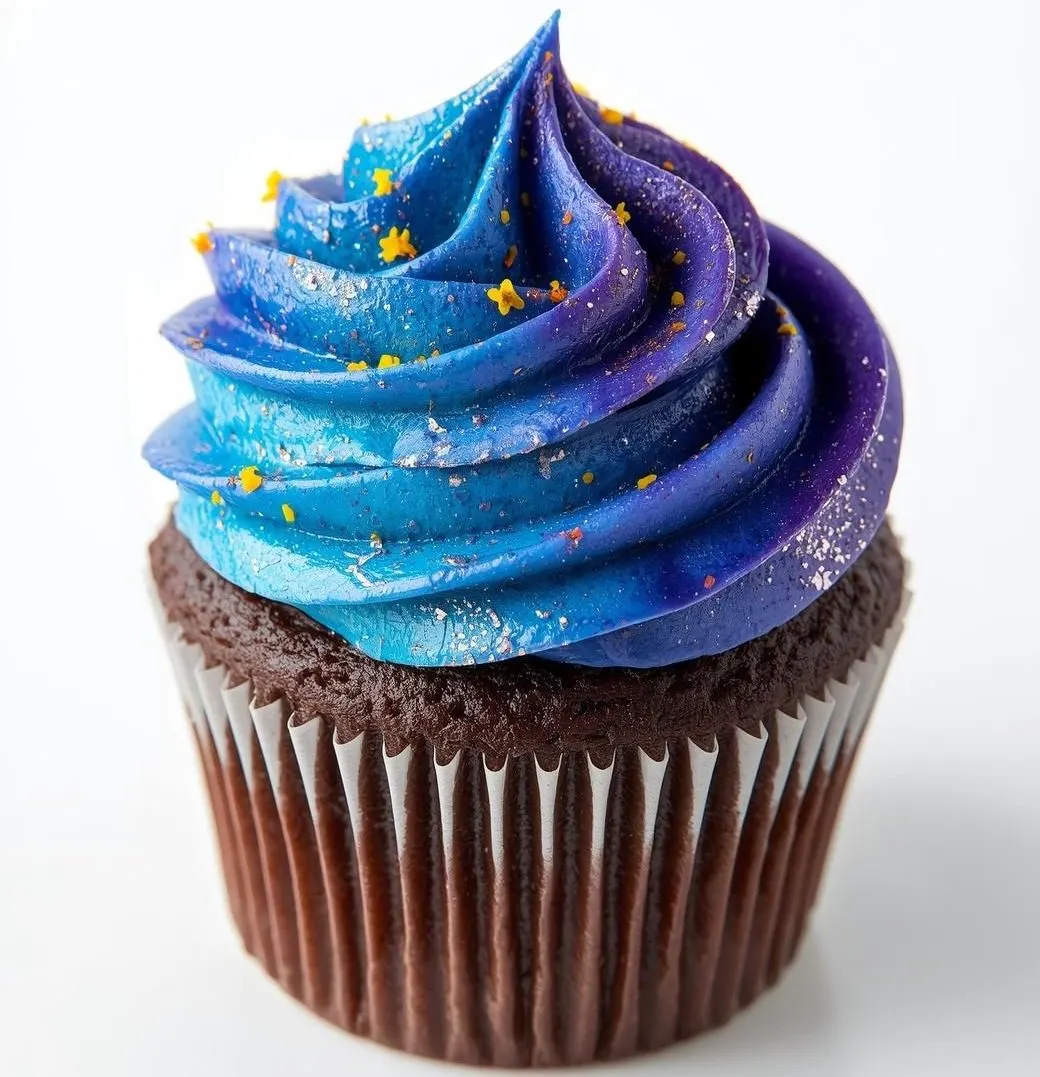 Batch of Galaxy Citrus Shock Cupcakes with multi-colored swirl frosting.