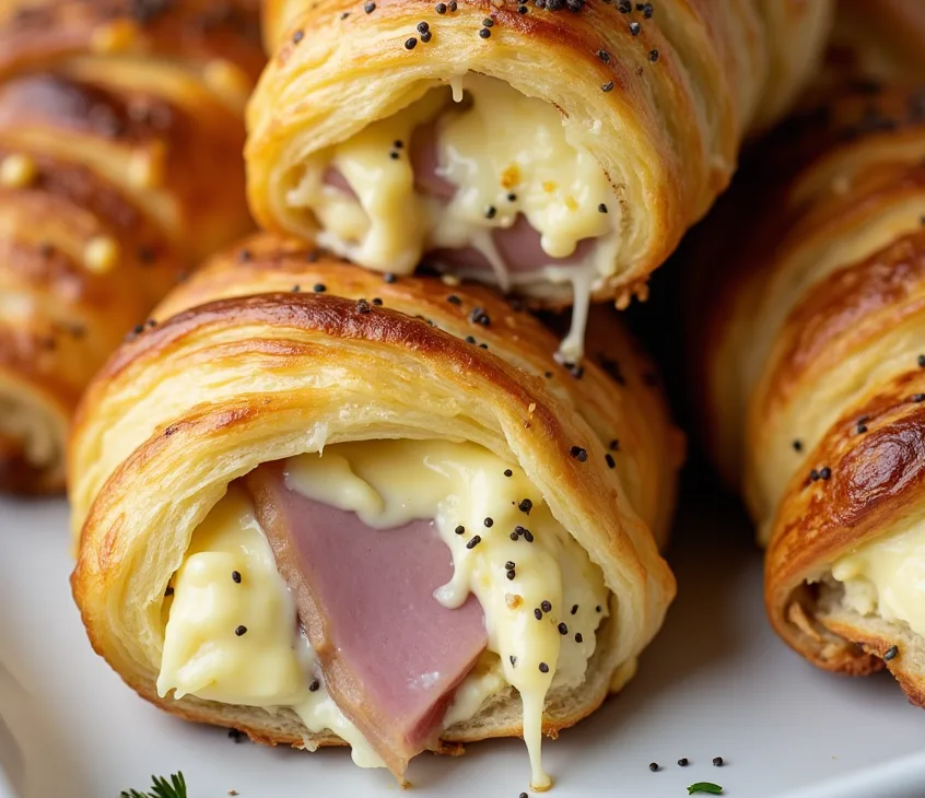 Golden Baked Ham and Cheese Croissants topped with poppy seed glaze on a baking sheet.