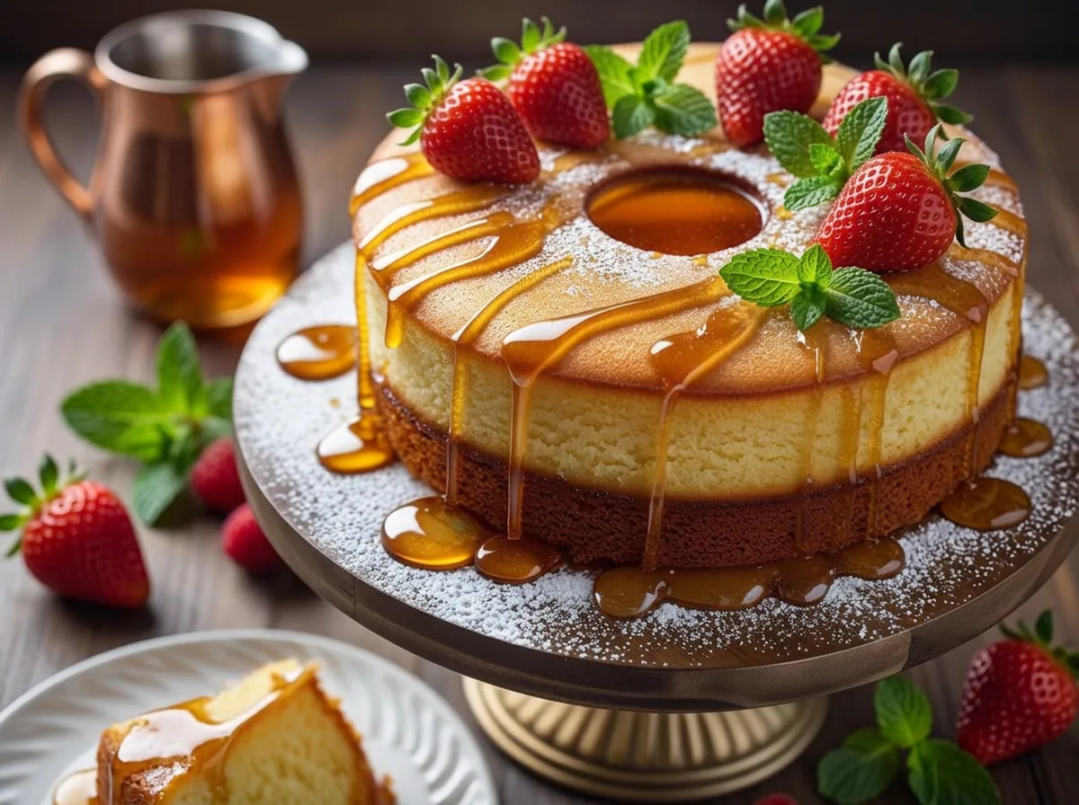 Slice of Golden Honey Drizzle Cake with honey glaze and honey dipper.