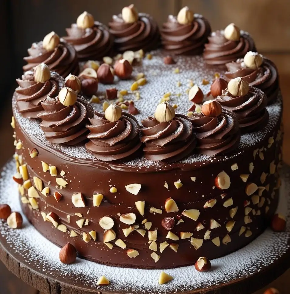 Decadent Luscious Chocolate Hazelnut Cake decorated with roasted hazelnuts.