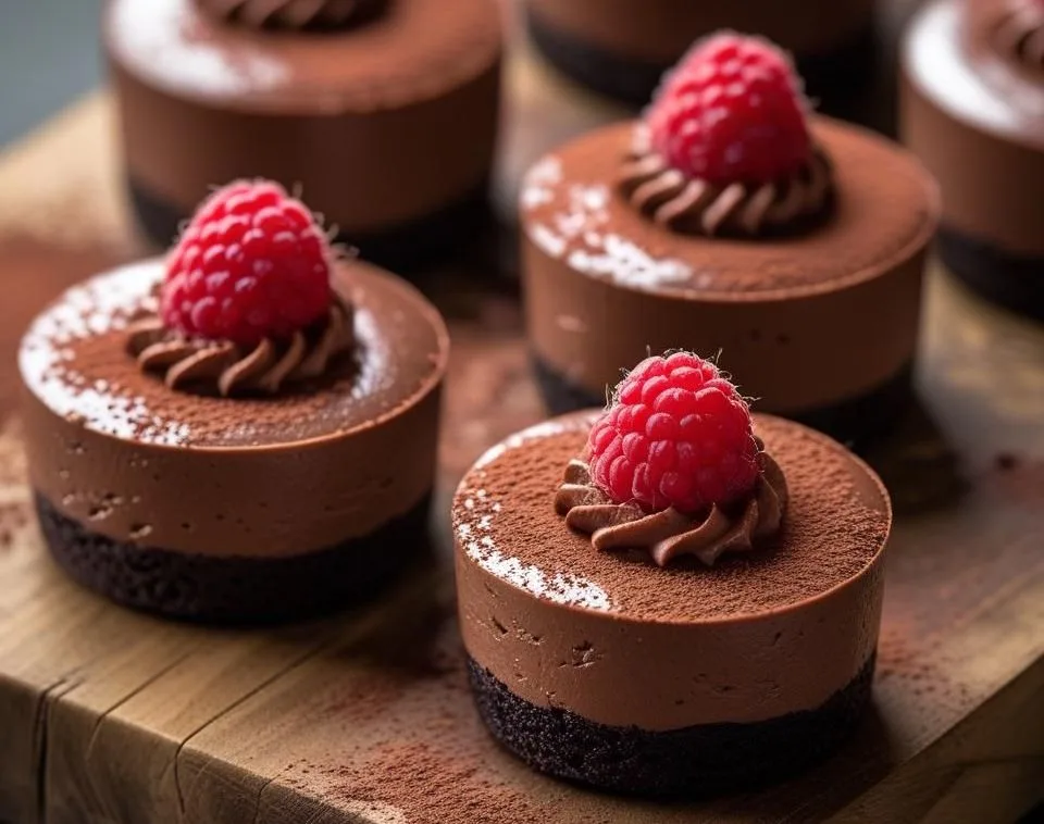 Individual Mini Chocolate Mousse Cakes topped with dark chocolate ganache and chocolate curls.