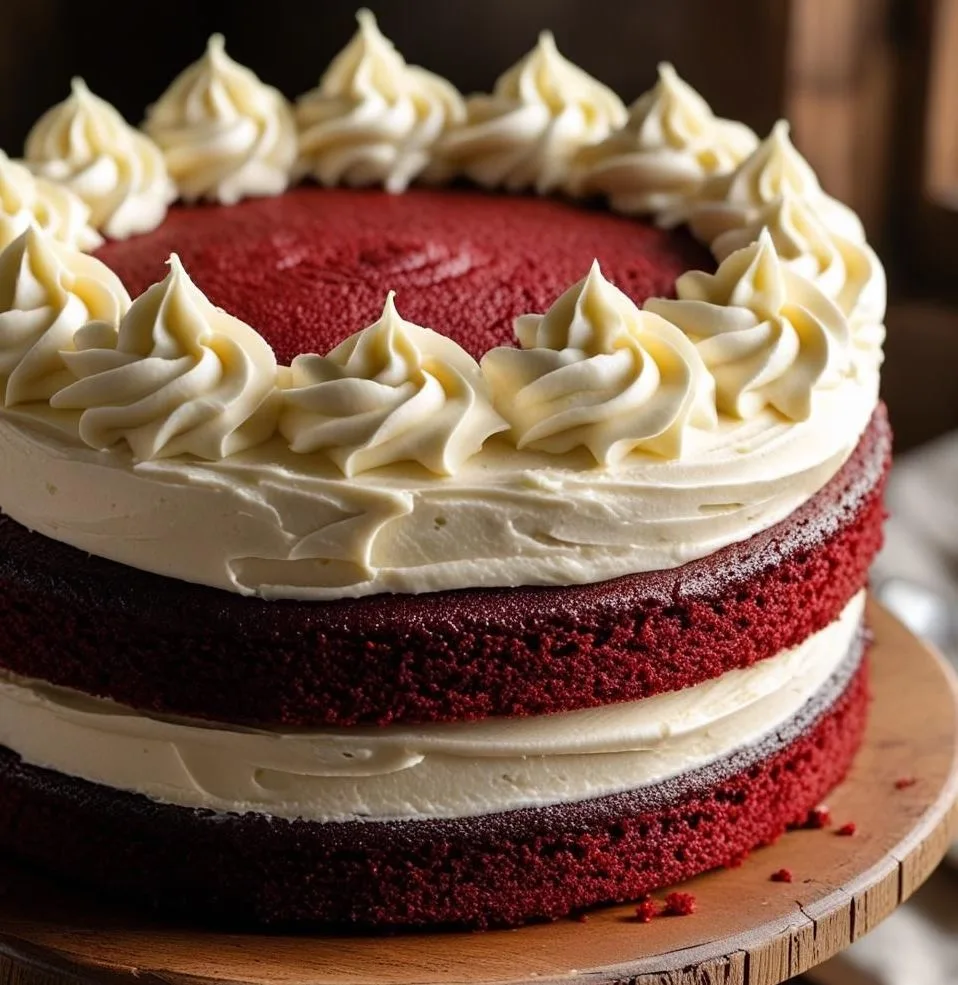 Slice of Red Velvet Buttermilk Cake with cream cheese frosting on a plate.