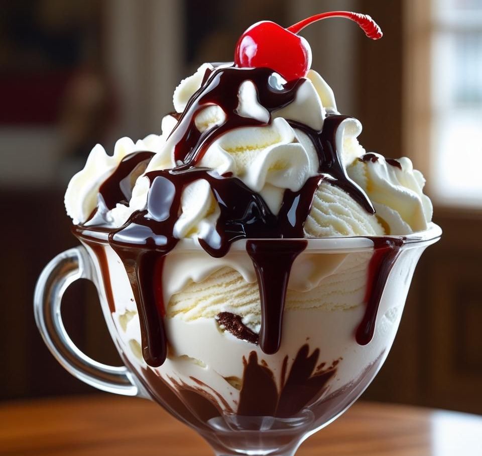 Layered Royal Chocolate Vanilla Sundae topped with whipped cream and hot fudge.