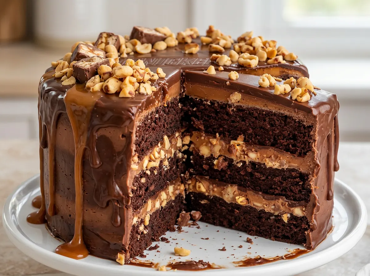 Rich chocolate Snickers Layer Cake Recipe slice with caramel, peanuts, and frosting.
