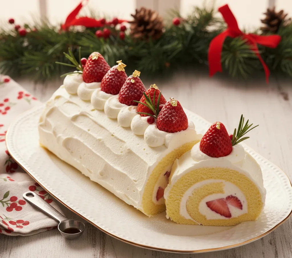 Festive Strawberry Christmas Roll Cake sliced on a platter with fresh strawberries.