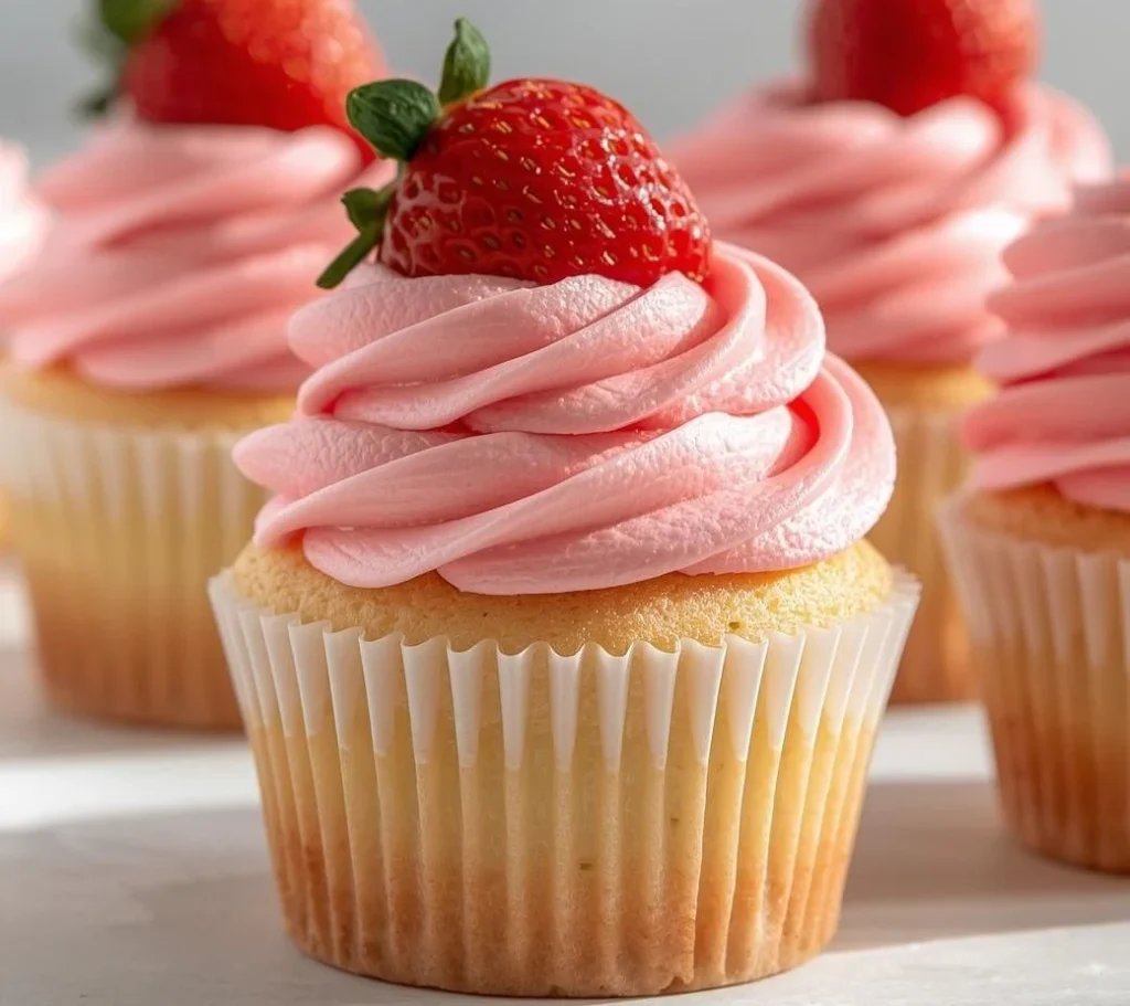 Freshly baked Strawberry Cupcakes topped with swirled pink buttercream and sliced berries.