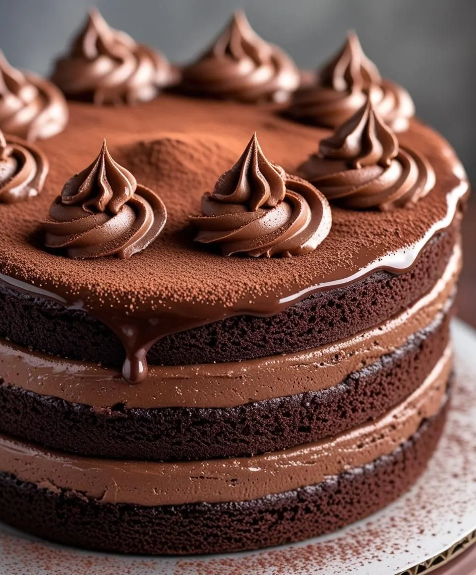 Decadent Triple Chocolate Mousse Cake showing dark, milk, and white chocolate layers.