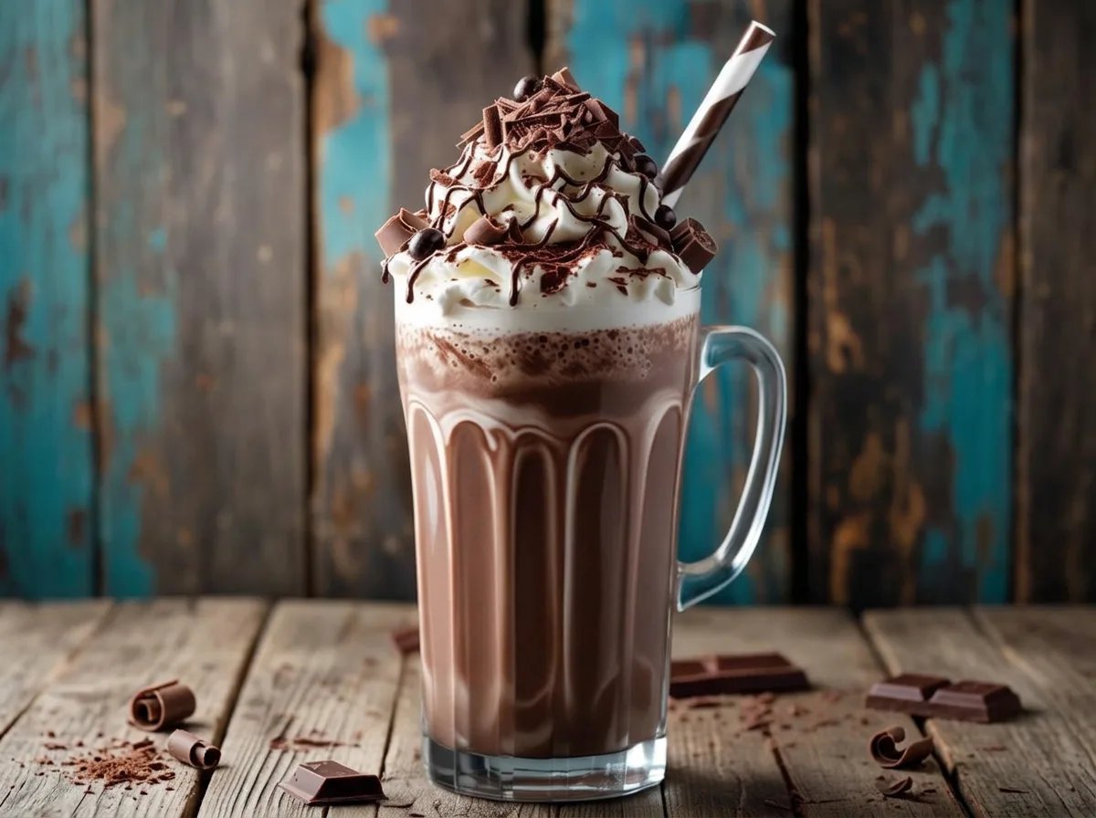 Tall glass of Ultimate Chocolate Milkshake Recipe topped with whipped cream and chocolate syrup.