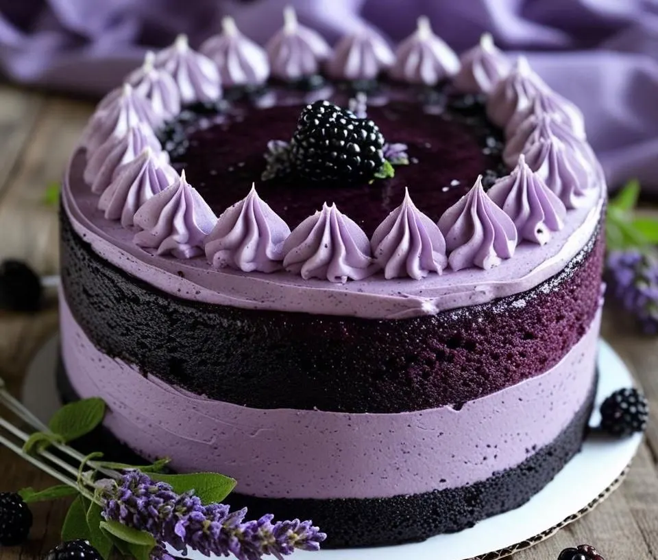 A slice of Blackberry Lavender Dream Layer Cake showing soft cake layers filled with dark berry compote and frosted with smooth lavender buttercream, topped with fresh blackberries.