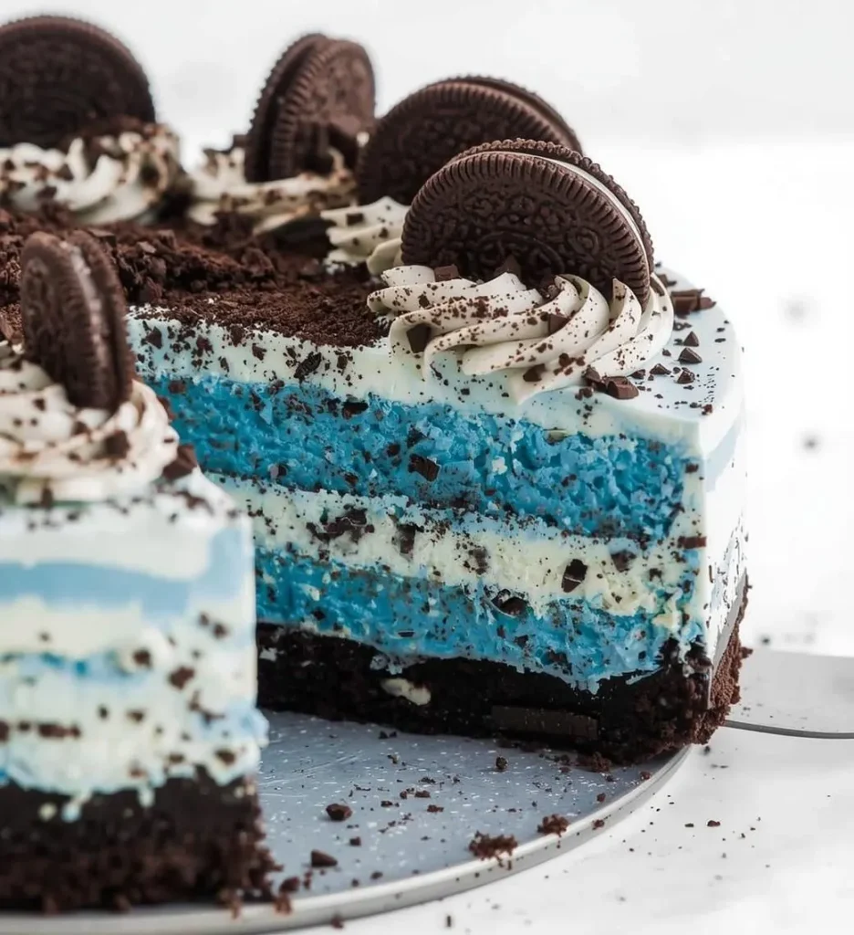 Vibrant No-Bake Blue Oreo Cheesecake with dark cookie crust topped with whipped cream swirls.