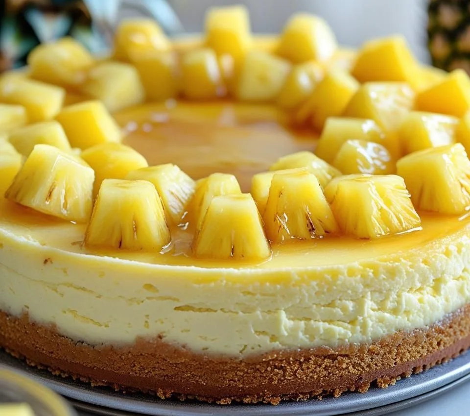 Creamy slice of Tropical Pineapple Cheesecake topped with golden crushed pineapple.