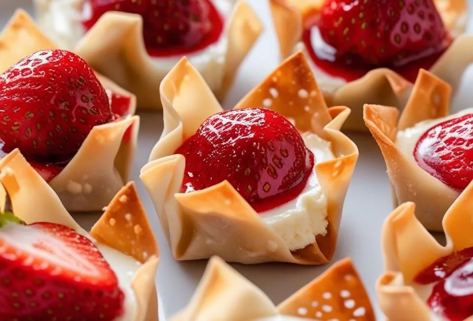 Golden Strawberry Cheesecake Wonton Bites filled with sweet cream cheese and topped with fresh strawberries.