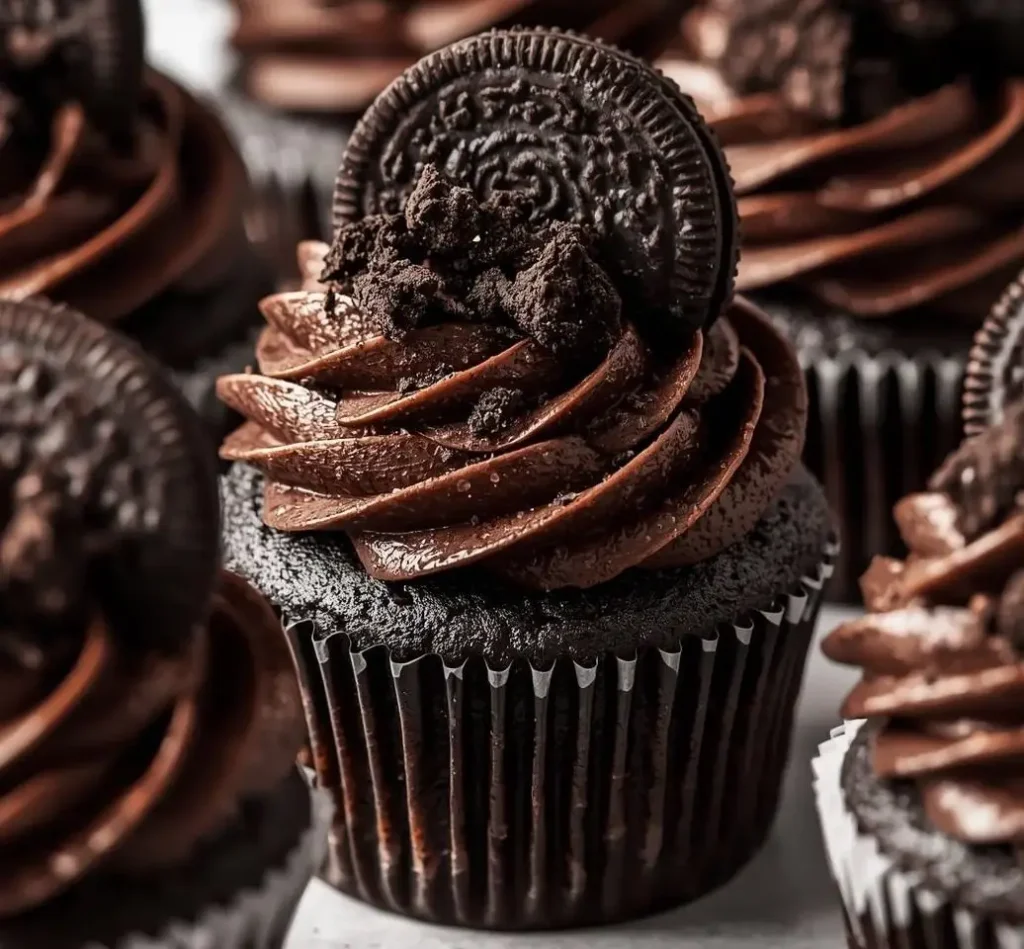 Rich Dark Oreo Cupcakes topped with swirl of cookies and cream buttercream and a whole mini Oreo cookie.