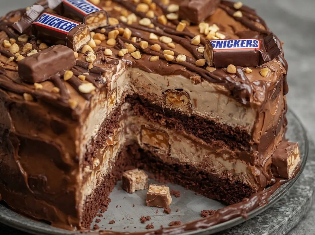 Layered Snickers Ice Cream Cake topped with fudge drizzle, caramel, peanuts, and mini Snickers bars.