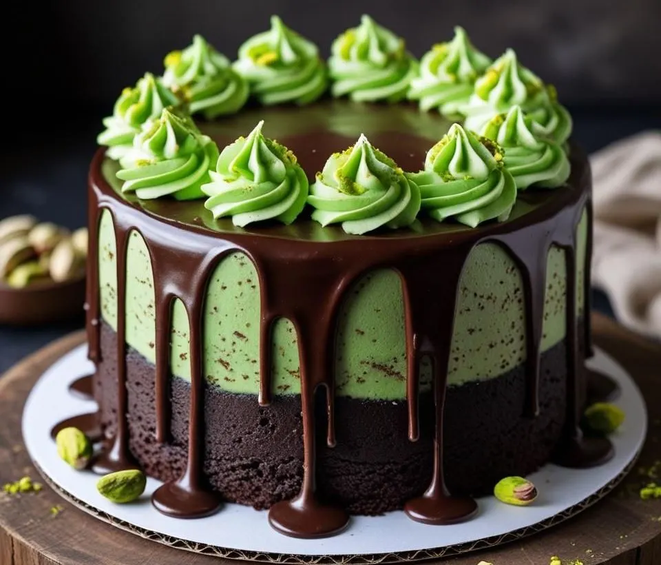 Rich slice of Pistachio Chocolate Fudge Cake with creamy green pistachio layer and chopped nuts.