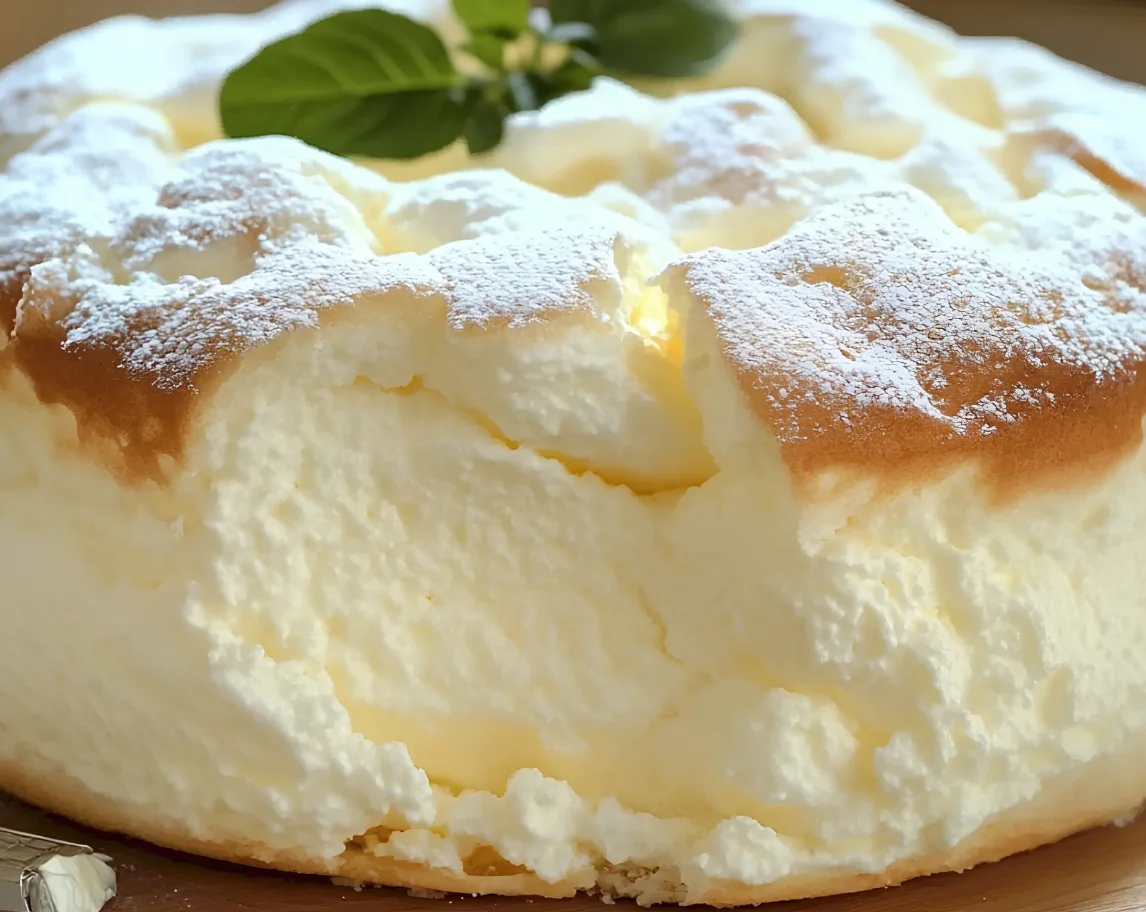 Airy Yogurt Cloud Cake dusted with powdered sugar and served with fresh berries on a plate.