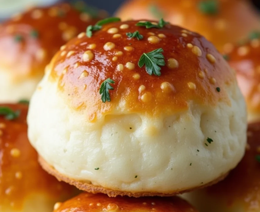 Golden baked Garlic Parmesan Cheeseburger Bombs brushed with garlic butter and topped with parmesan cheese.