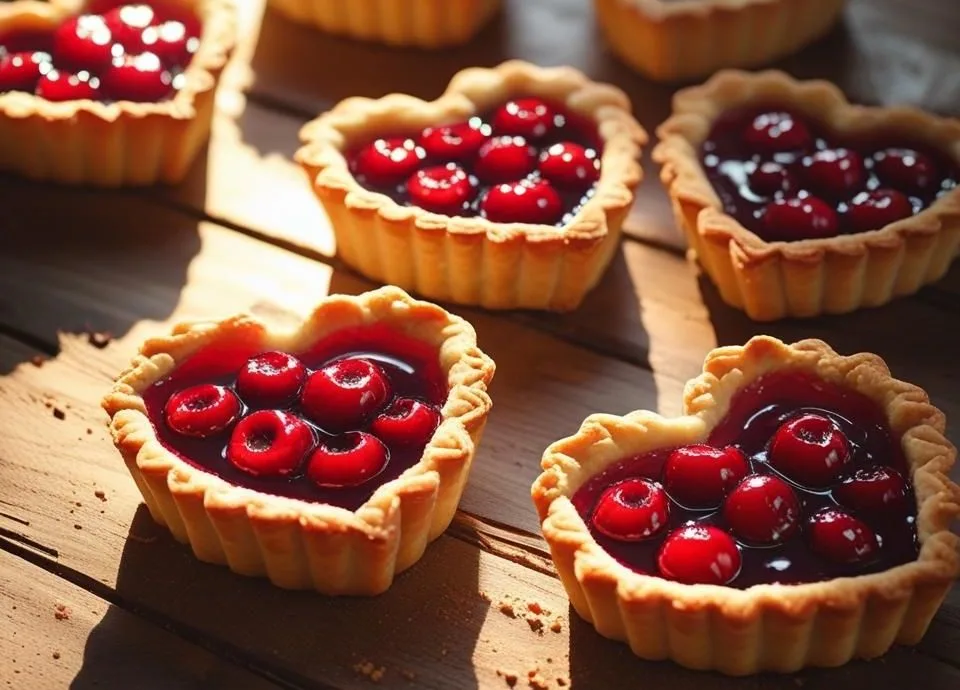 Golden heart-shaped cherry tarts with flaky pastry crust and sweet cherry filling on parchment paper.