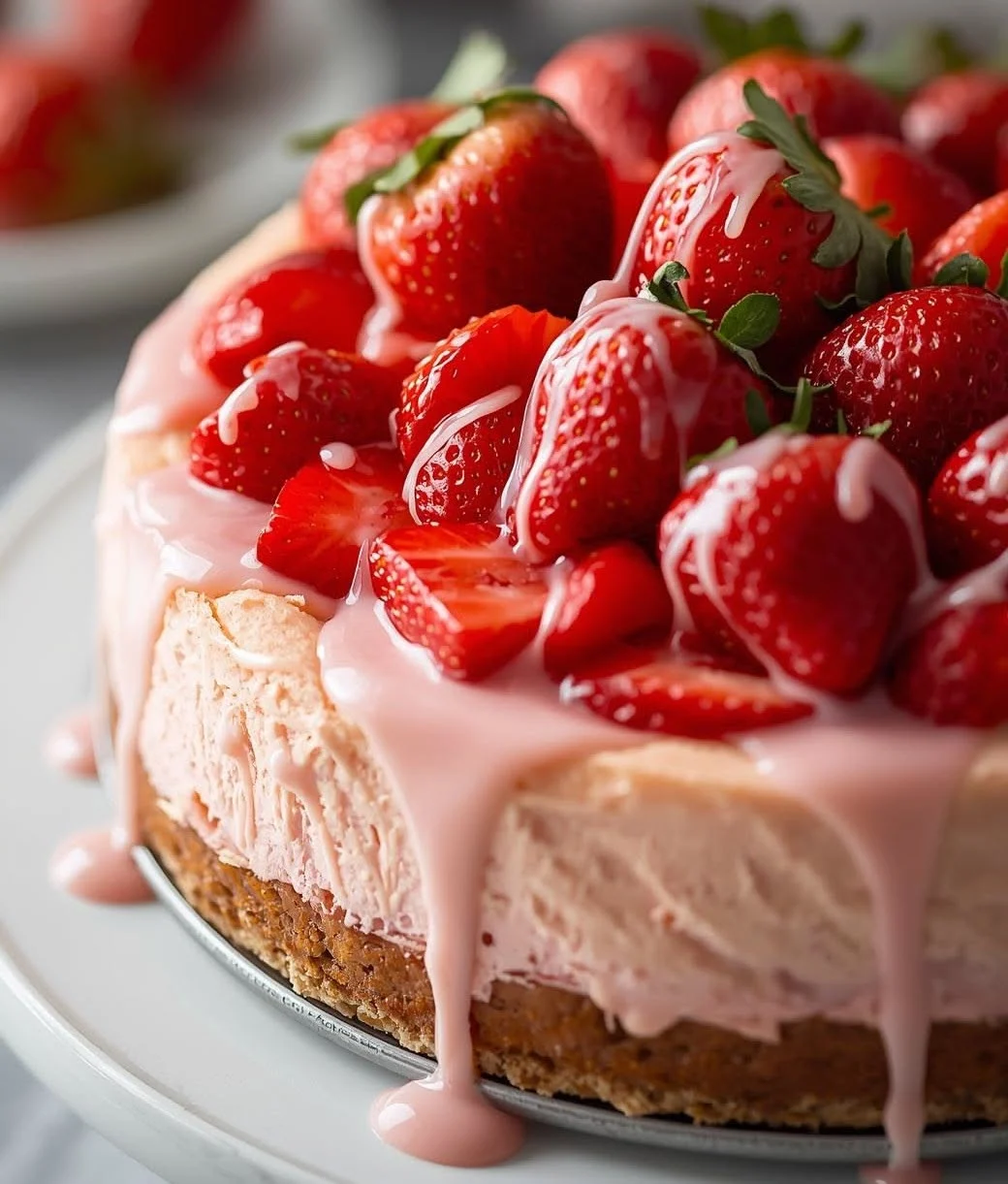 Slice of Classic Strawberry Cheesecake on a plate topped with glossy strawberry glaze and fresh strawberry slices.