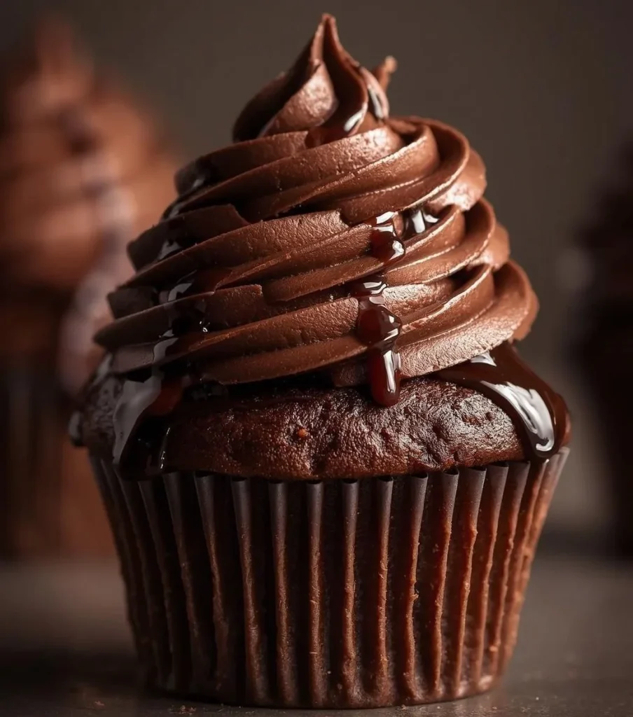 Rich Chocolate Cupcake topped with fluffy chocolate buttercream, glossy ganache drizzle, and chocolate curls.