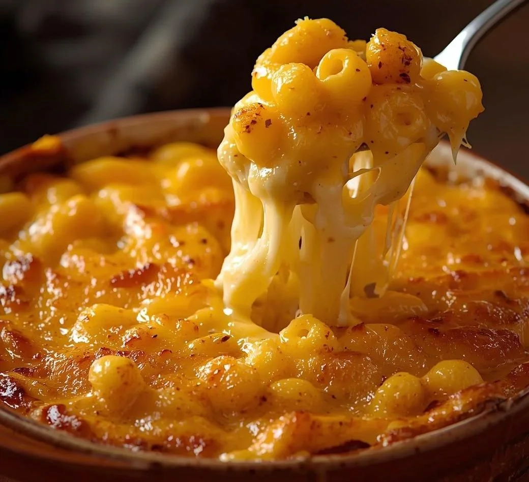 Golden Baked Mac and Cheese casserole with a bubbly cheese sauce and crunchy buttered panko breadcrumb topping.