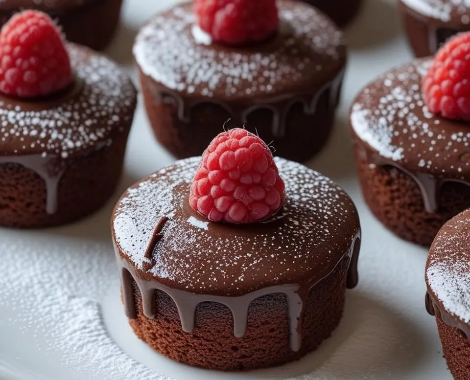 Warm Chocolate Royale Mini Cake dusted with powdered sugar with a molten dark chocolate center oozing out.